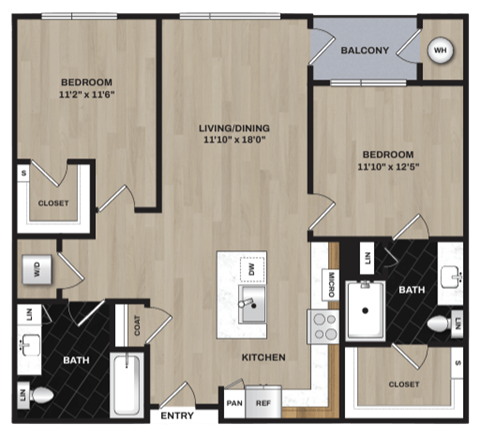 A floor plan of a home with two bedrooms, a living area, a kitchen, a bathroom, and a balcony.